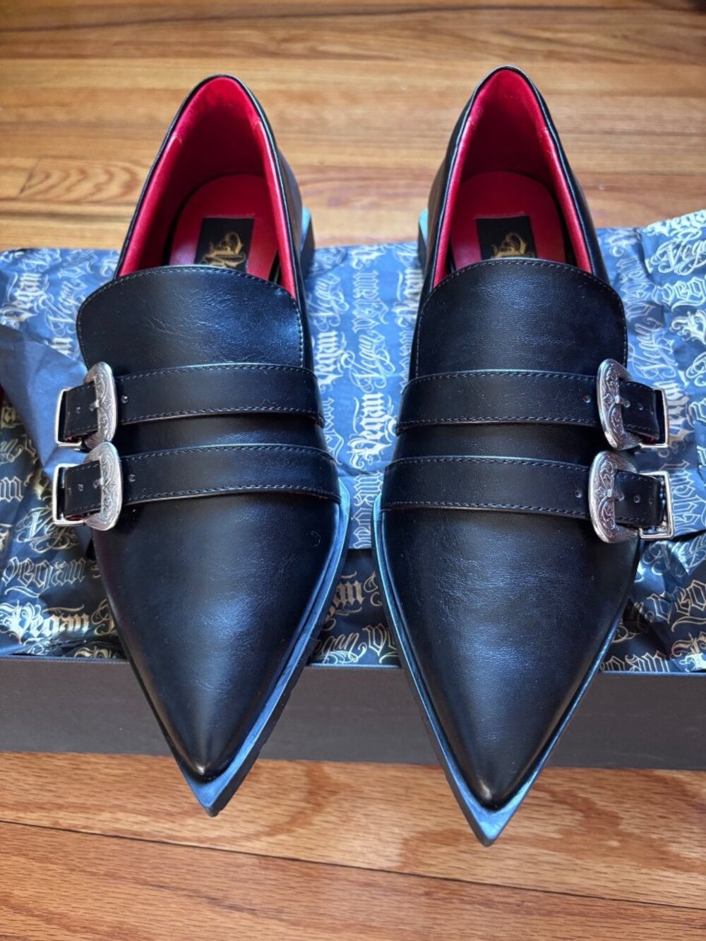 Black Pointed-Toe Loafers With Double Buckle & Red Interior Gothic Style Sz 9 by - Picture 7 of 8